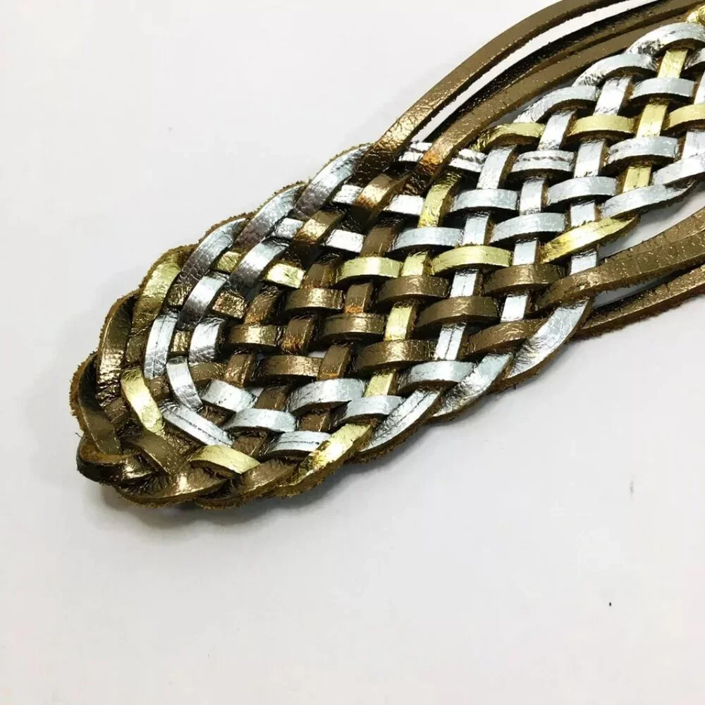 Metallic Silver Gold Braided Leather Sz S Belt 36” Large Metal Medallion Closure
